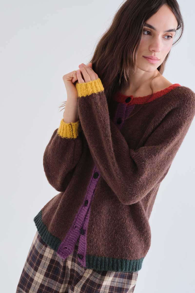 Brown knit cardigan with multi-color details
