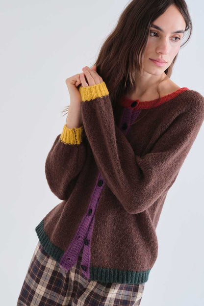 Brown knit cardigan with multi-color details
