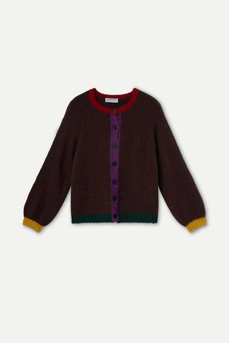 Brown knit cardigan with multi-color details