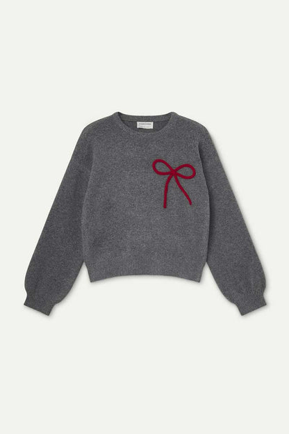 Grey knit jumper with red bow detail