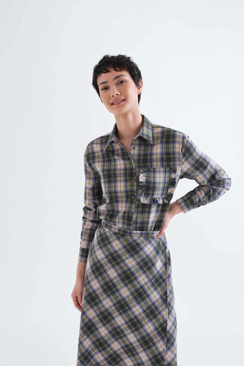 100% cotton green plaid shirt
