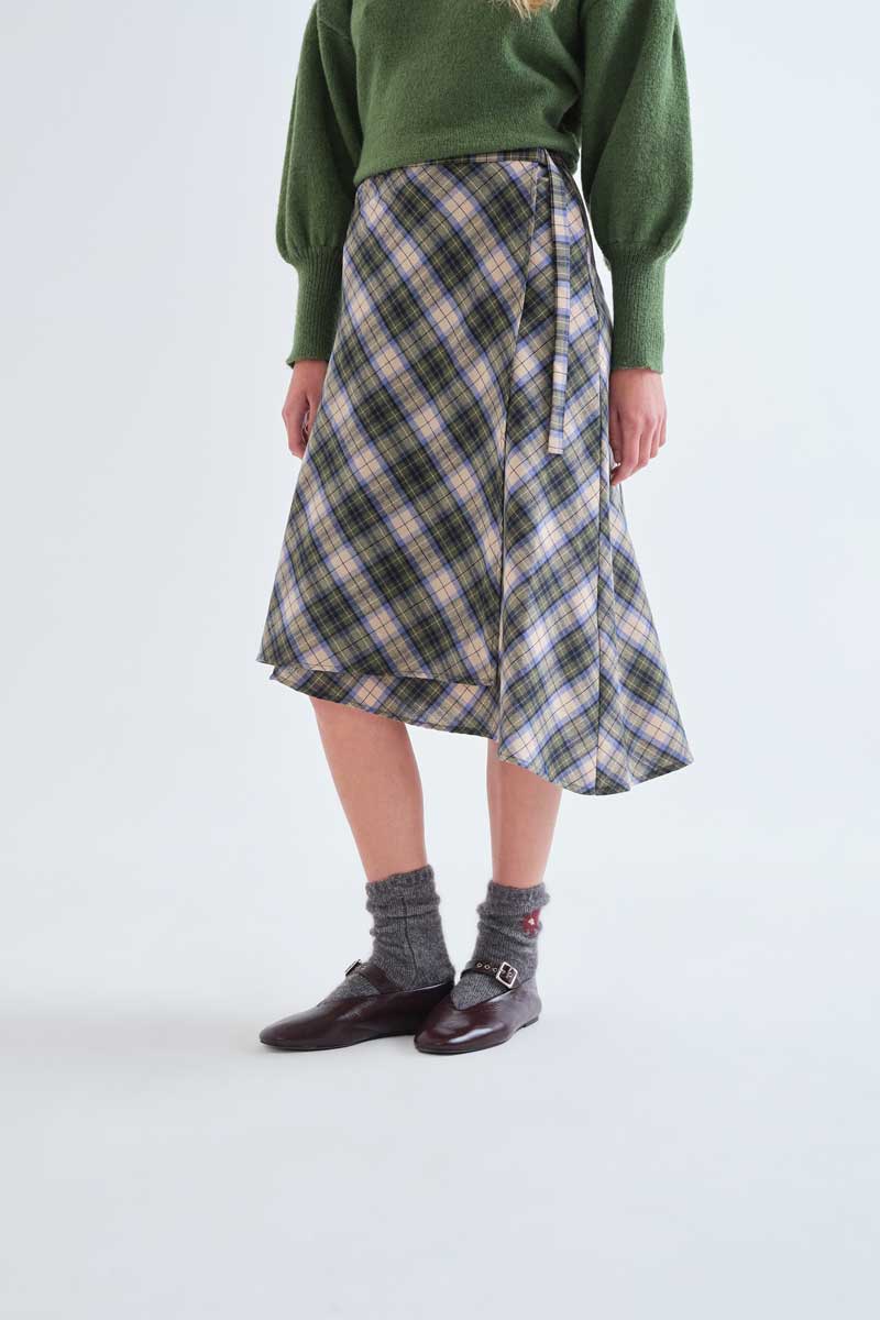 100% cotton green plaid midi skirt