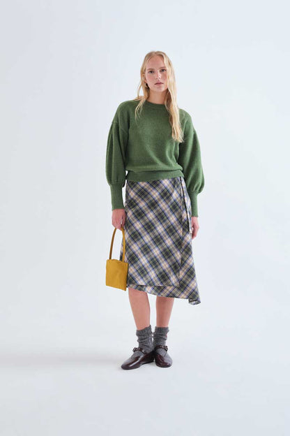 100% cotton green plaid midi skirt