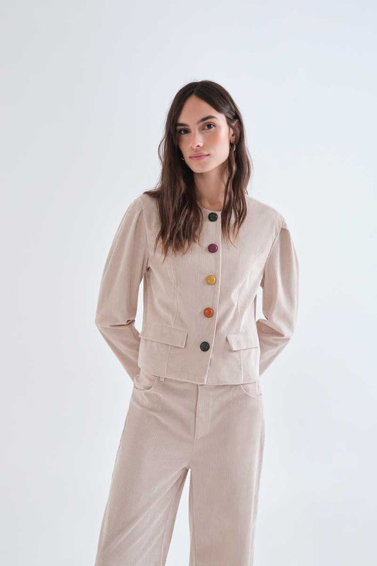 Beige corduroy jacket with multicolored buttons
