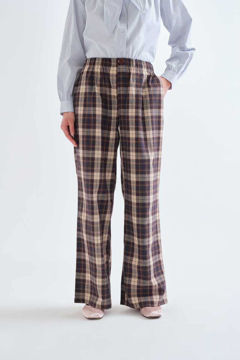 100% cotton brown checkered trousers