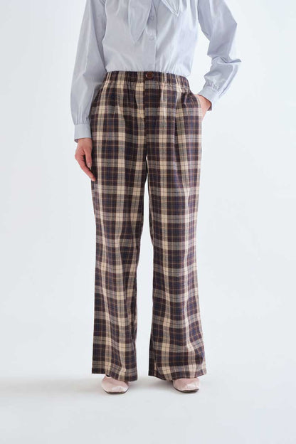 100% cotton brown checkered trousers