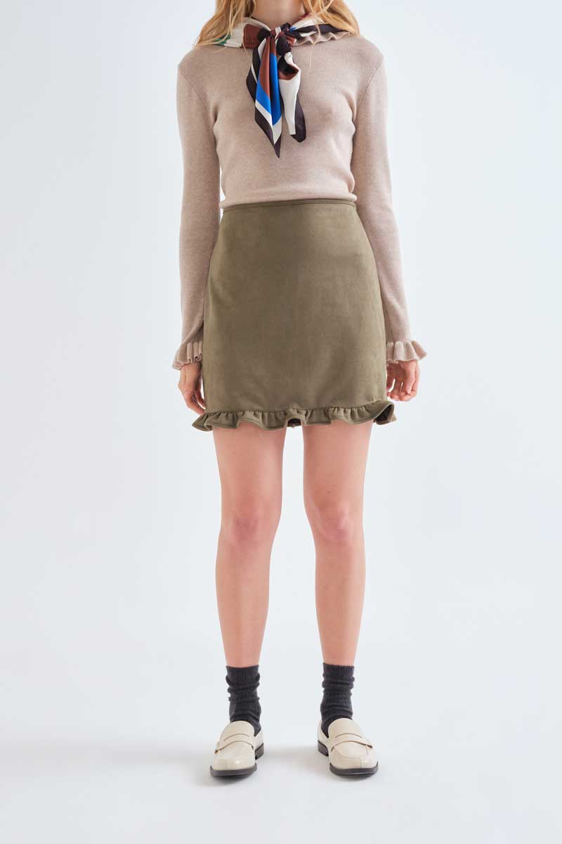 Olive green suede mini skirt