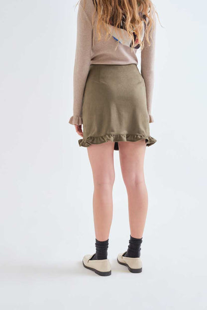 Olive green suede mini skirt