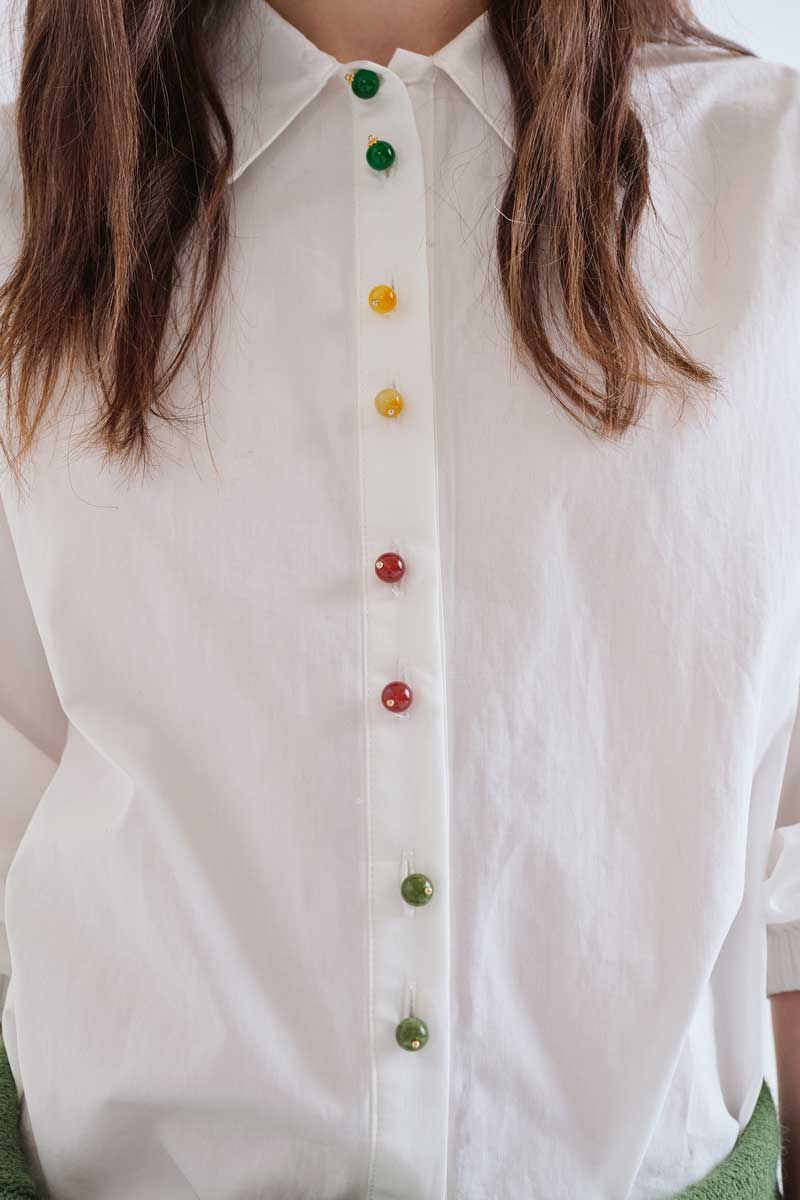 100% cotton white shirt with multicolor jewel buttons