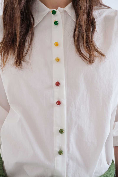 100% cotton white shirt with multicolor jewel buttons