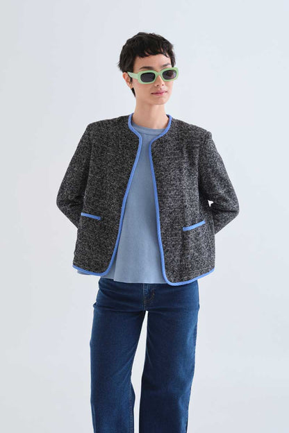 Black tweed jacket with light blue details
