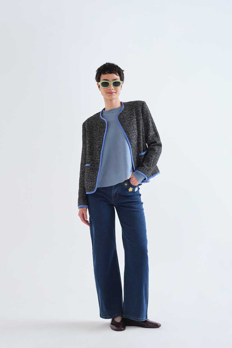Black tweed jacket with light blue details