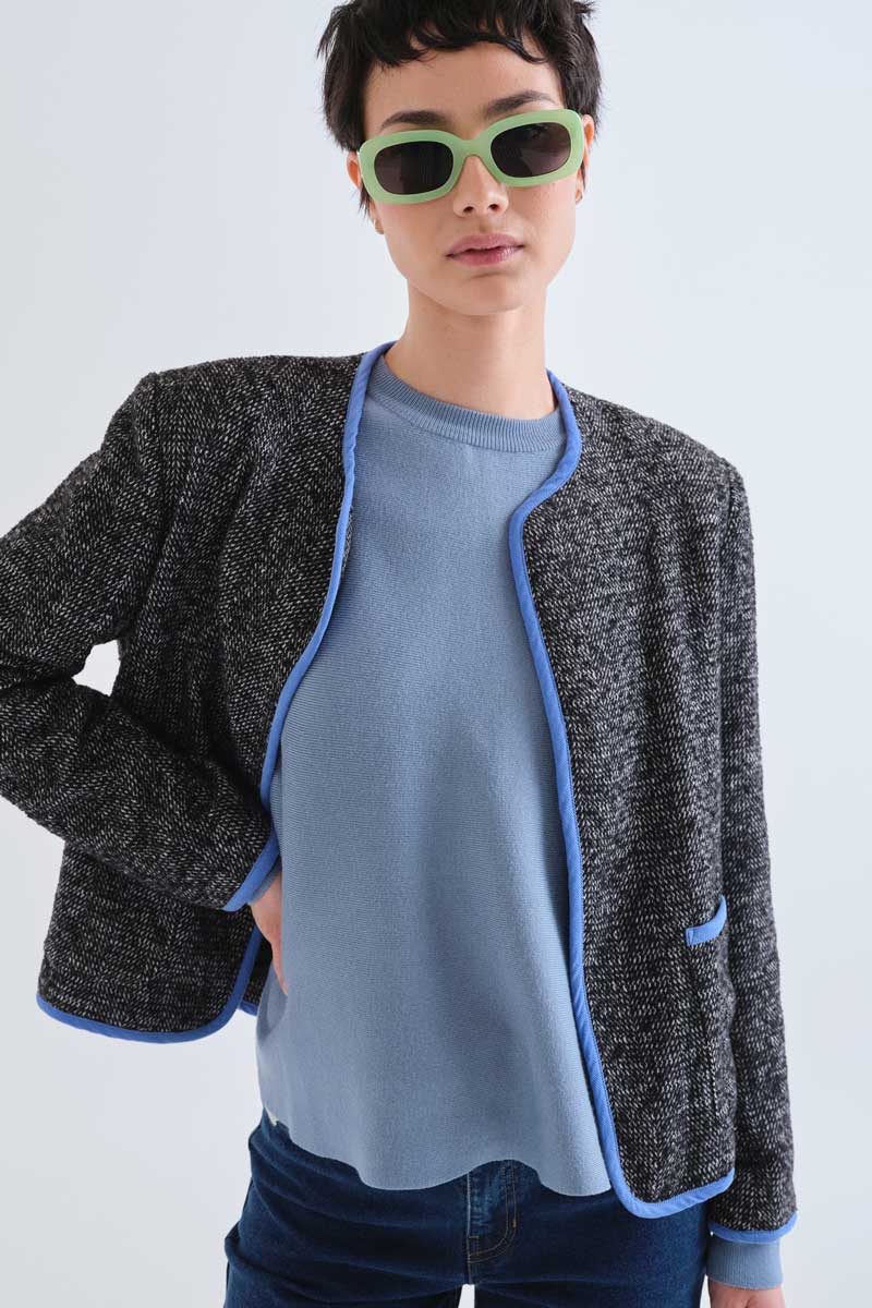 Black tweed jacket with light blue details