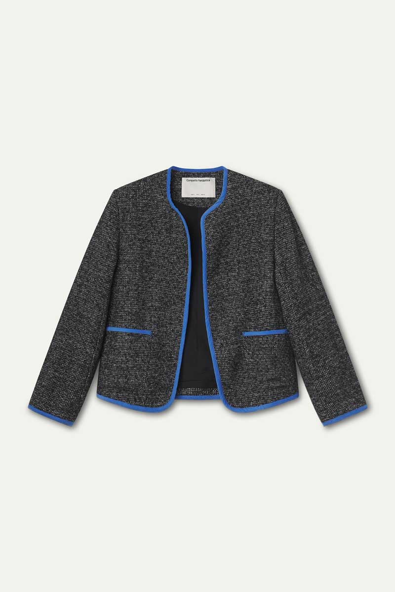 Black tweed jacket with light blue details