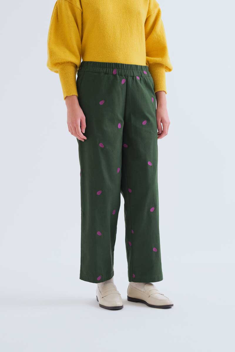 100% cotton trousers with aubergine embroidery