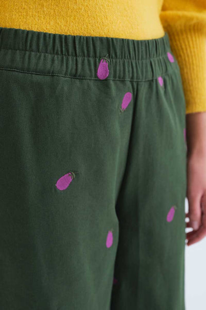 100% cotton trousers with aubergine embroidery