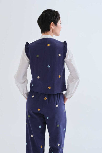 Navy blue 100% cotton vest with floral embroidery
