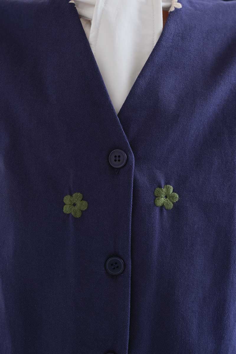 Navy blue 100% cotton vest with floral embroidery