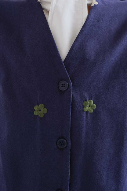 Navy blue 100% cotton vest with floral embroidery