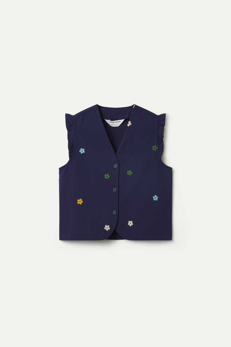 Navy blue 100% cotton vest with floral embroidery
