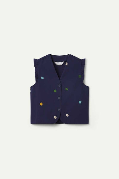 Navy blue 100% cotton vest with floral embroidery