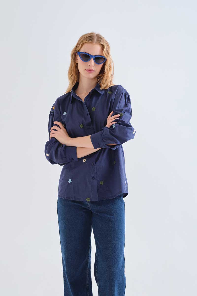 100% cotton navy blue shirt with floral embroidery