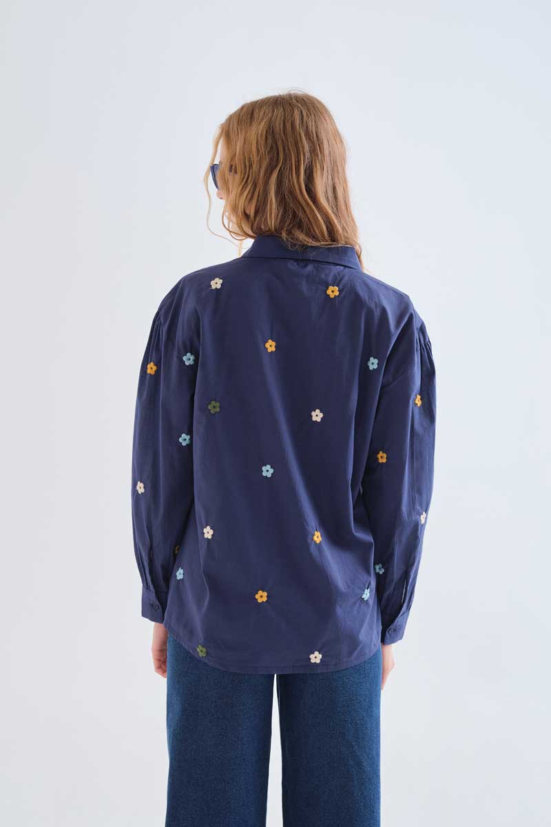 100% cotton navy blue shirt with floral embroidery