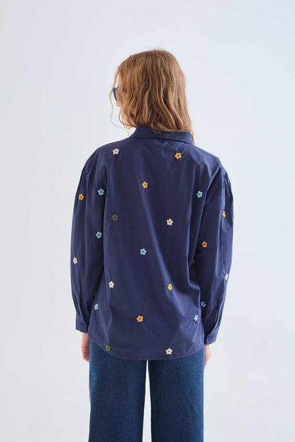 100% cotton navy blue shirt with floral embroidery