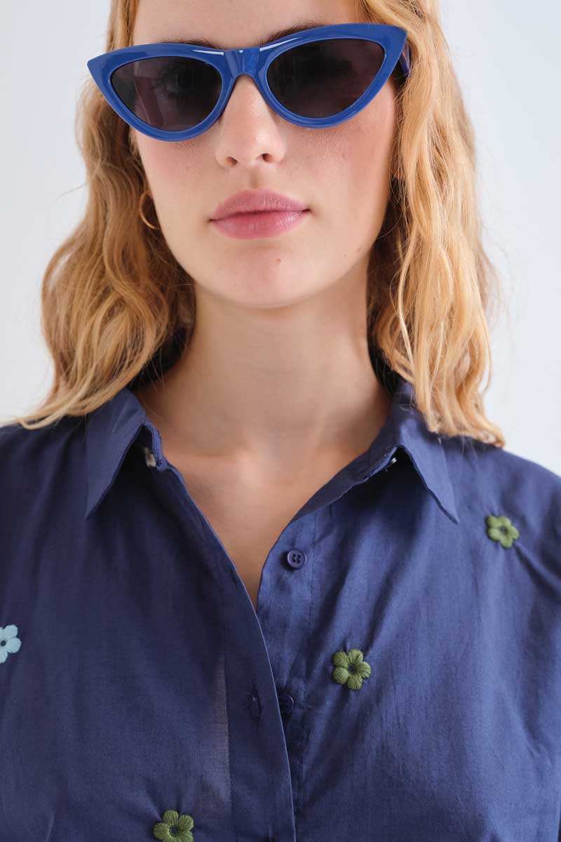 100% cotton navy blue shirt with floral embroidery