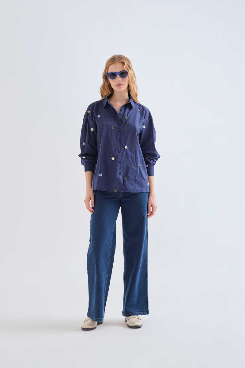 100% cotton navy blue shirt with floral embroidery