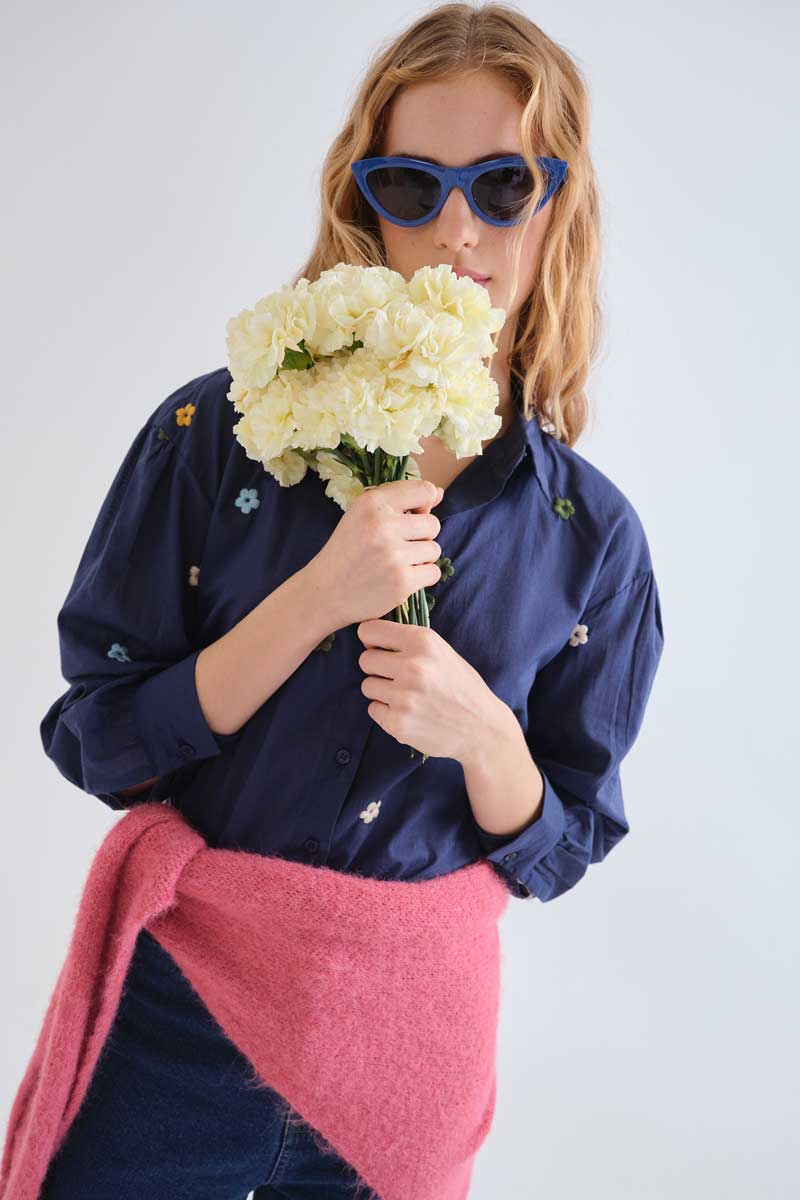 100% cotton navy blue shirt with floral embroidery