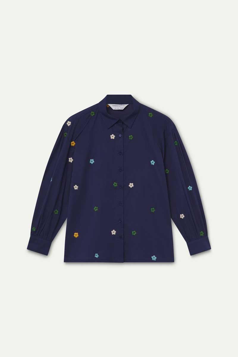 100% cotton navy blue shirt with floral embroidery