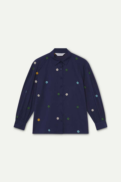 100% cotton navy blue shirt with floral embroidery