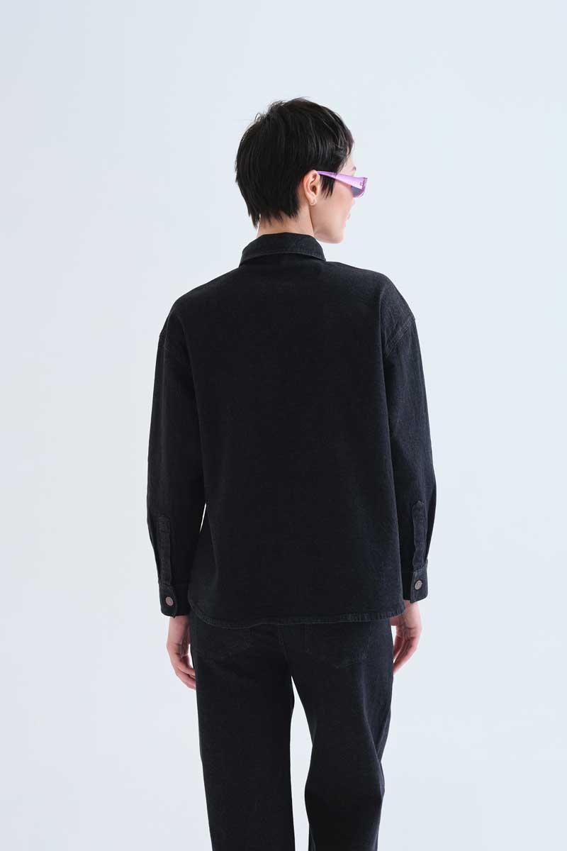Black denim shirt with Candy print