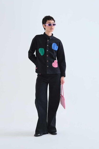 Black denim shirt with Candy print
