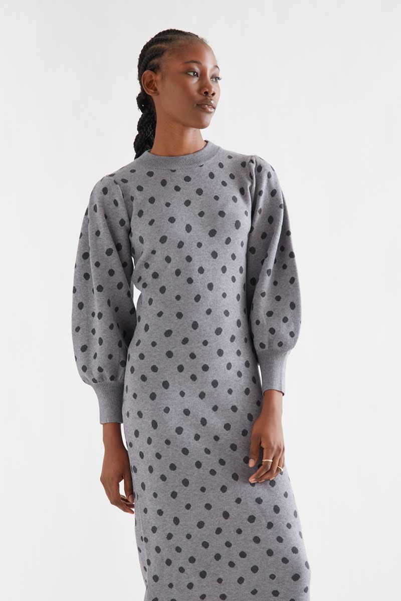 Catahoula gray polka dot midi dress