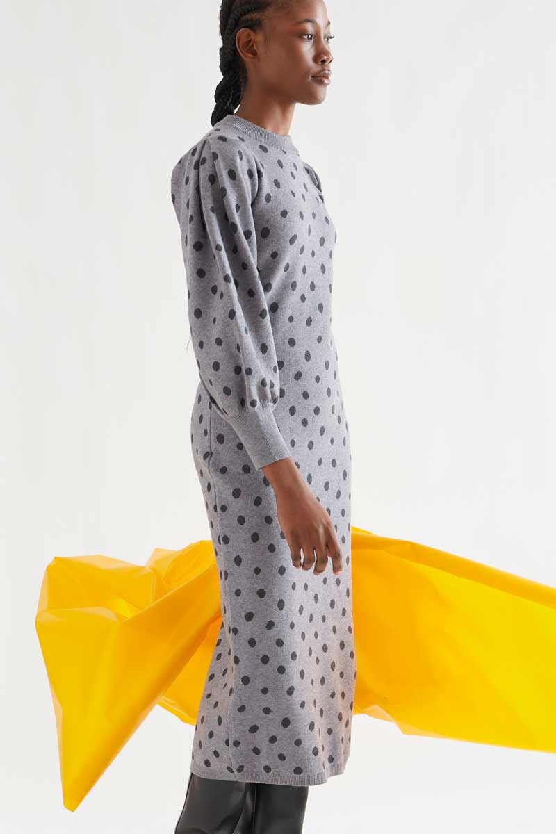 Catahoula gray polka dot midi dress