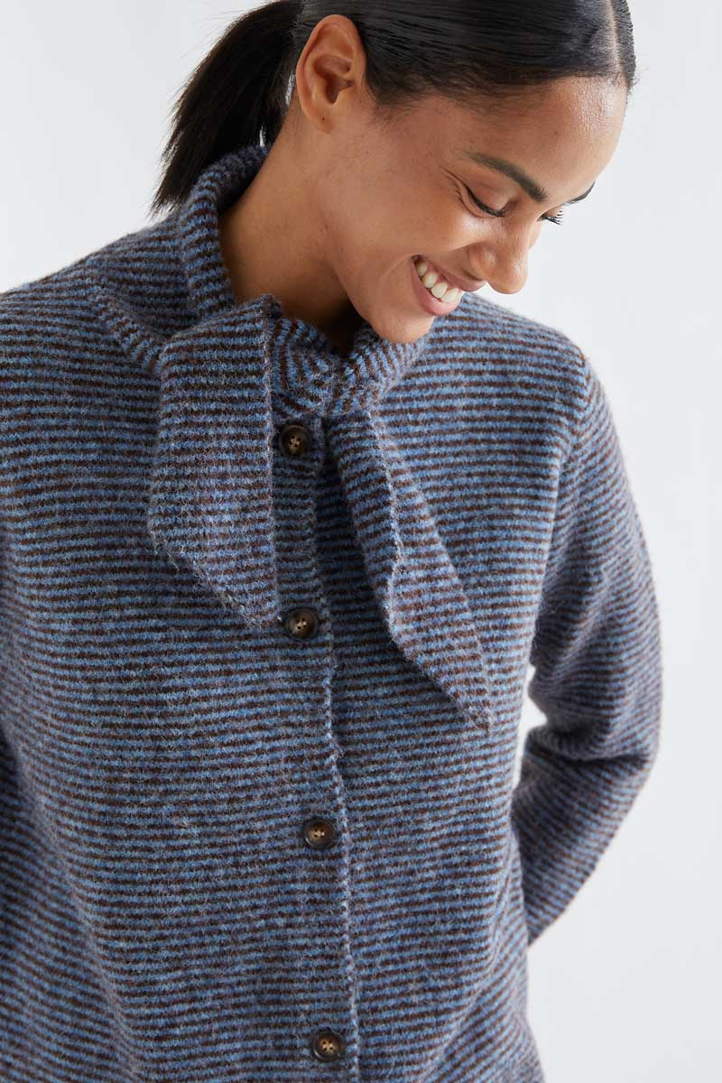 Blue and brown striped knit cardigan