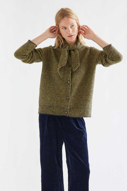 Knitted cardigan with navy and mustard striped pattern