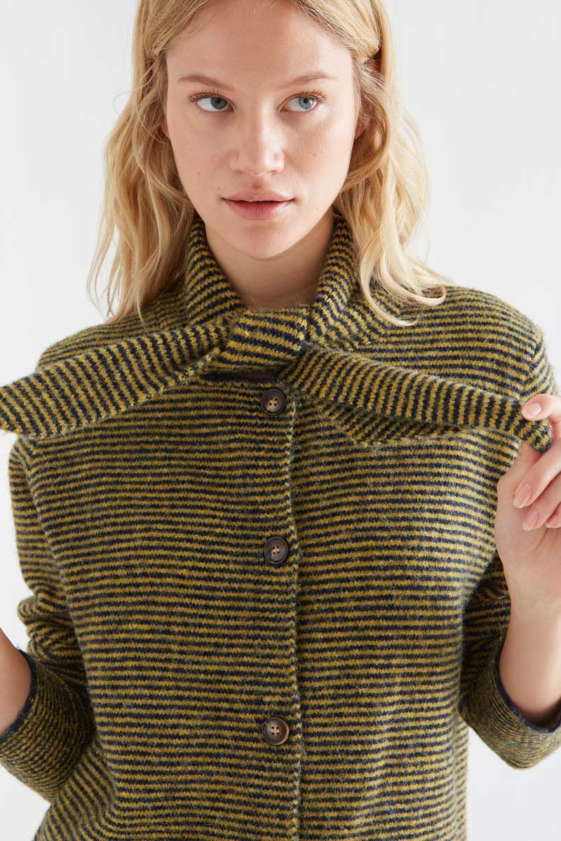 Knitted cardigan with navy and mustard striped pattern