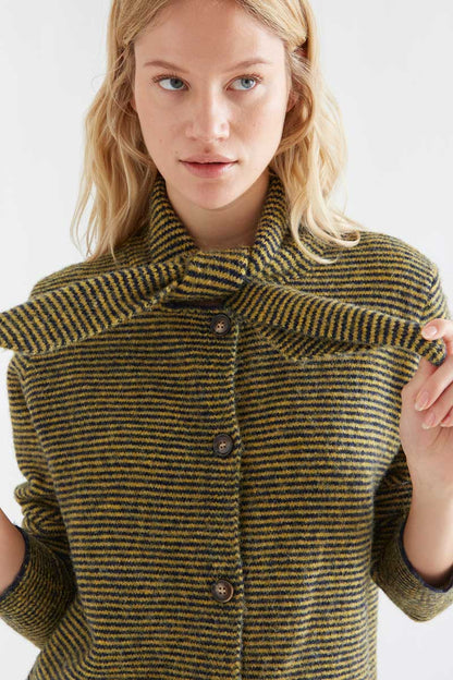 Knitted cardigan with navy and mustard striped pattern