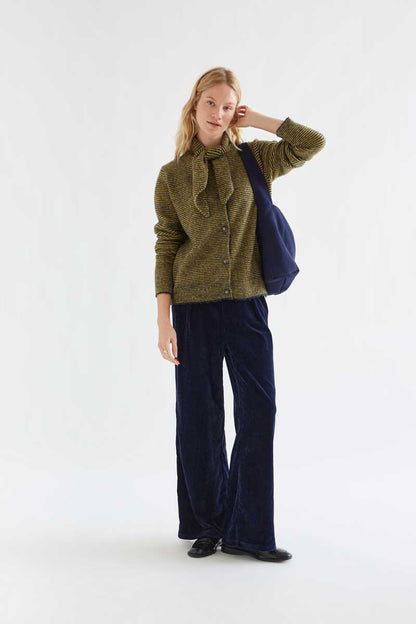 Knitted cardigan with navy and mustard striped pattern