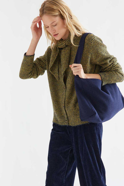 Knitted cardigan with navy and mustard striped pattern