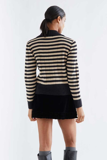 Knitted cardigan with black and beige stripe pattern
