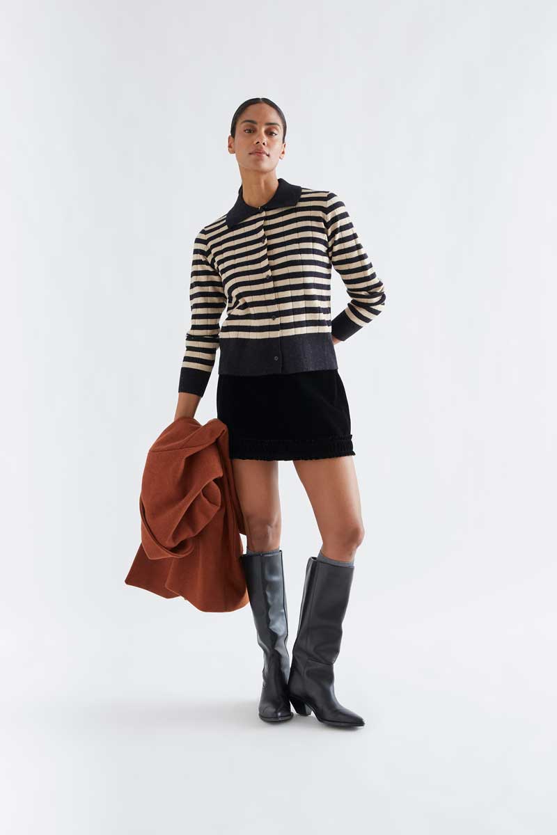 Knitted cardigan with black and beige stripe pattern