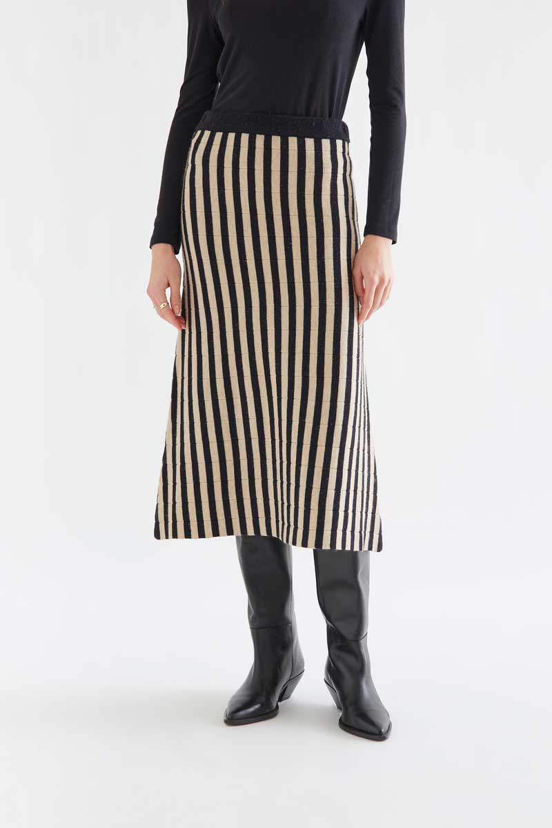 Black and beige striped midi skirt