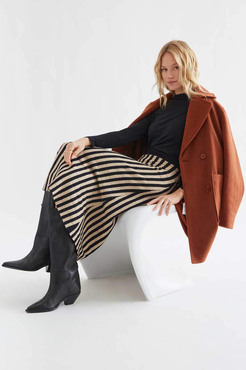Black and beige striped midi skirt