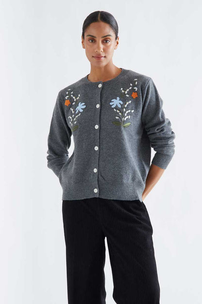 Grey wool blend cardigan with floral embroidery