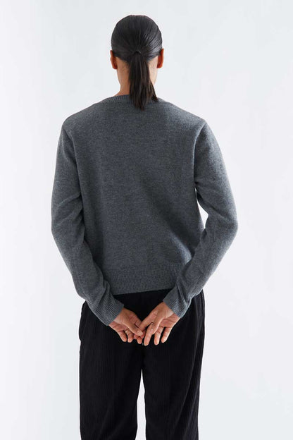 Grey wool blend cardigan with floral embroidery
