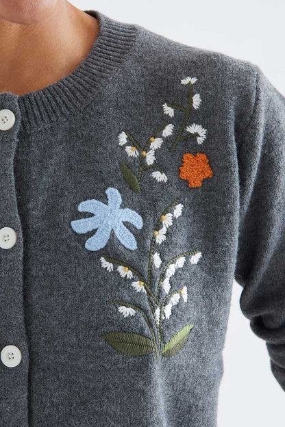 Grey wool blend cardigan with floral embroidery